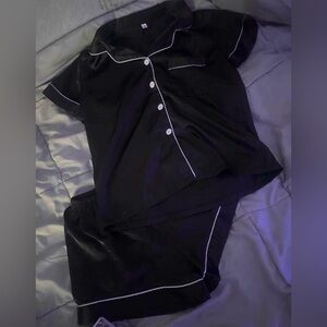 Black Satin Pajama Set with White Piping